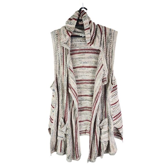 Womens Cato Beige Red Striped Open Knit Sleeveless Cardigan Vest Acrylic 22/24 - Picture 1 of 10